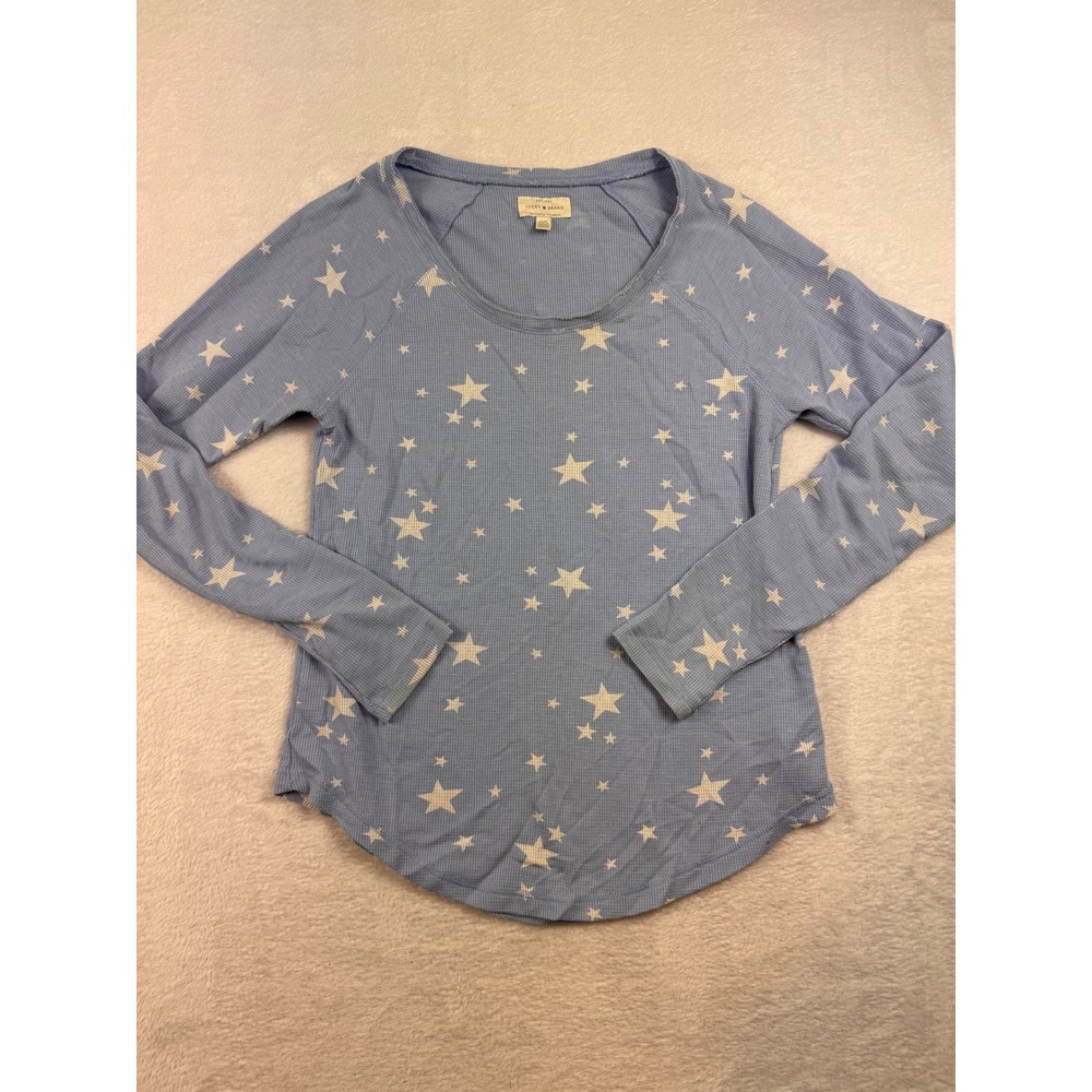 Lucky Brand Womens Blue Star Print Thermal Waffle Knit Long Sleeve Top Medium